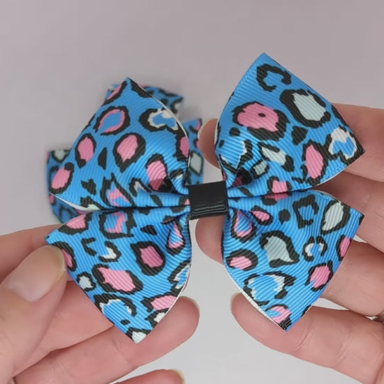 Blue Leopard Print Hair Bows on Alligator Clips – Grosgrain Ribbon, Unique Design