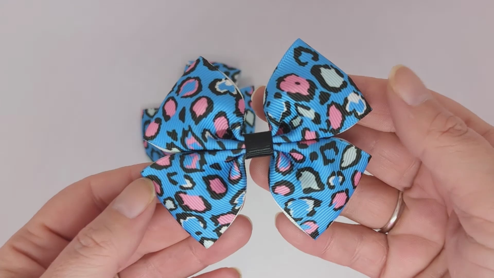 Blue Leopard Print Hair Bows on Alligator Clips – Grosgrain Ribbon, Unique Design
