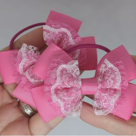 Bright Pink and White Lace and Grosgrain Ribbon Hair Bows on Thin Bobbles