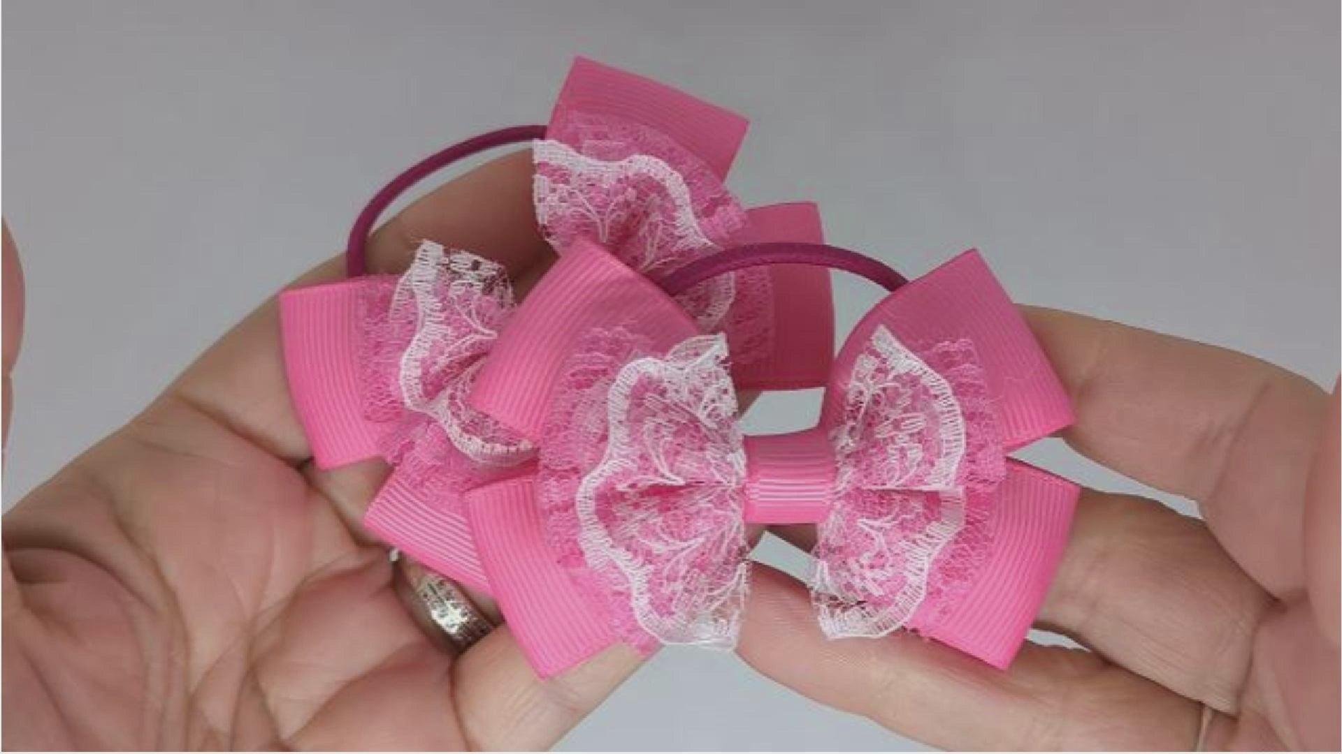 Bright Pink and White Lace and Grosgrain Ribbon Hair Bows on Thin Bobbles