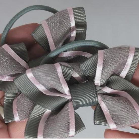 School Grey and Pale Pink Hair Bows on Thick Bobbles – Grosgrain & Organza Ribbon