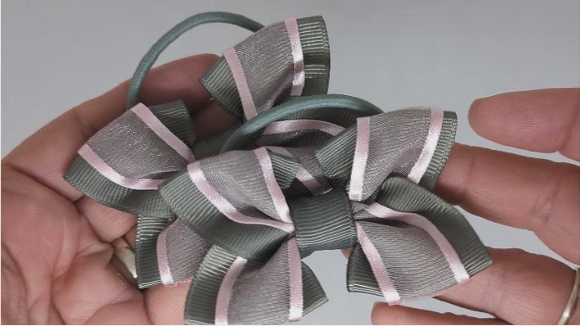 School Grey and Pale Pink Hair Bows on Thick Bobbles – Grosgrain & Organza Ribbon