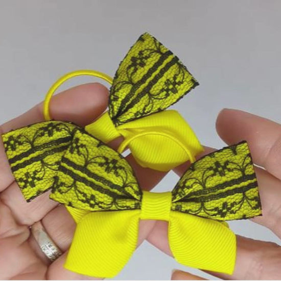 Yellow and Black Lace Hair Bows on Thin Bobbles | Unique One-of-a-Kind Design