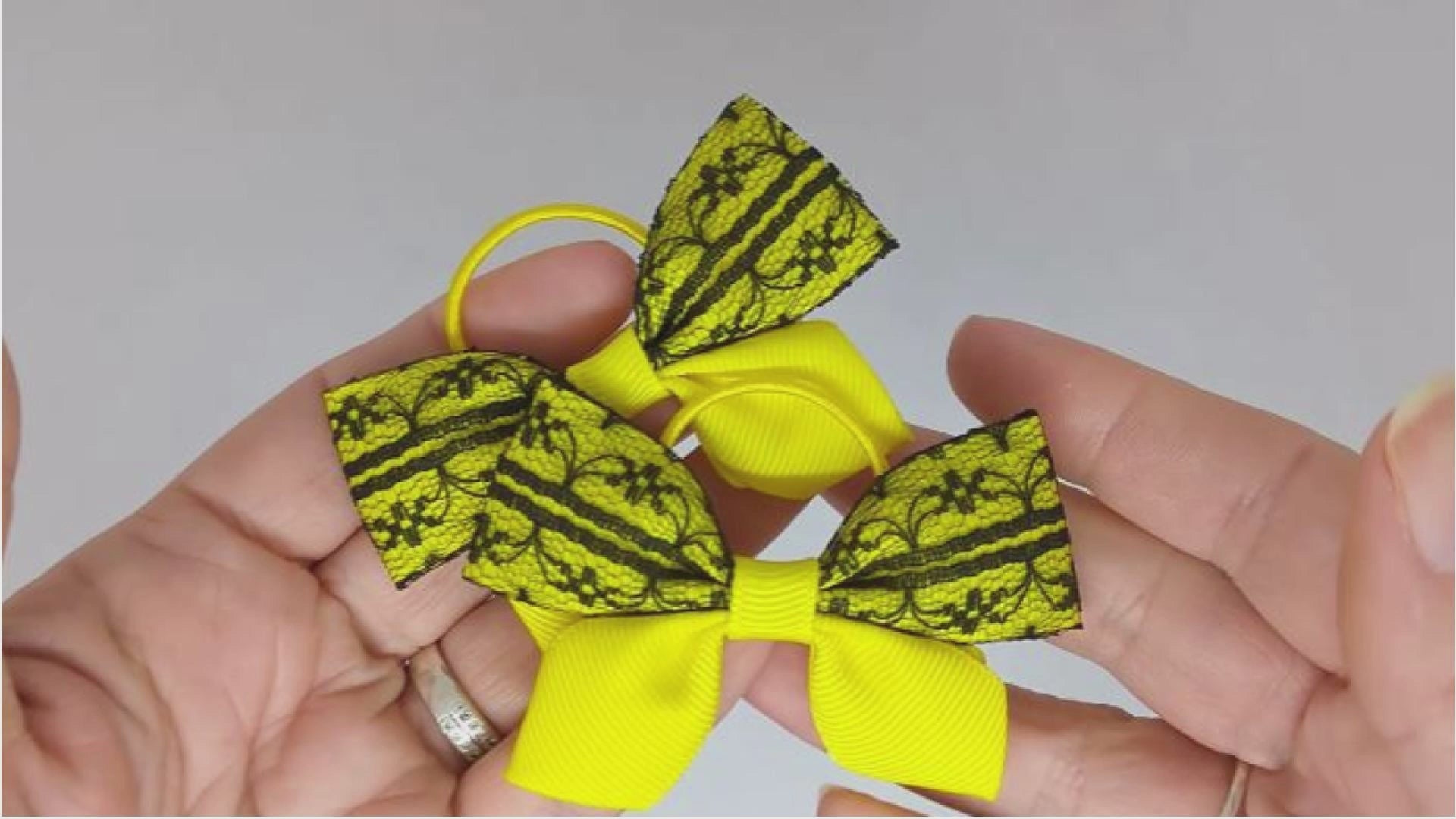 Yellow and Black Lace Hair Bows on Thin Bobbles | Unique One-of-a-Kind Design