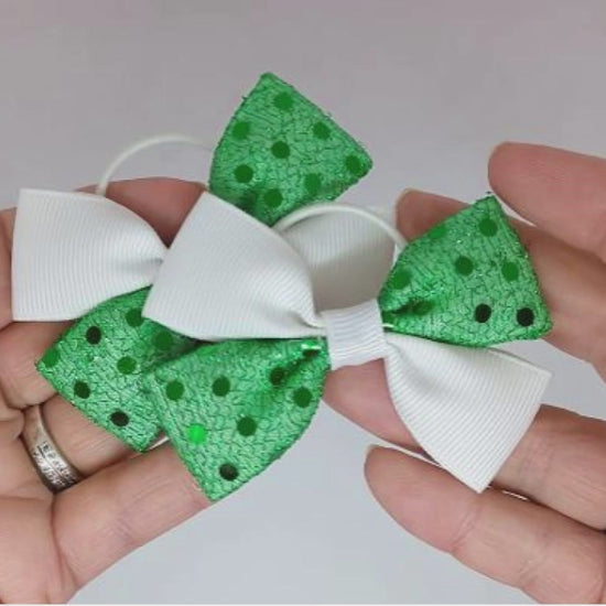 Emerald Green and White Diamante Hair Bows on Thin Bobbles | One-of-a-Kind Design