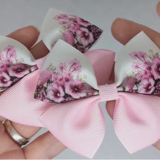 Baby Pink and White Floral Hair Bows on Alligator Clips – Grosgrain Ribbon, One-of-a-Kind