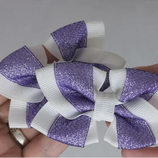 White and Purple Glitter Hair Bows on Alligator Clips – Grosgrain & Glitter Ribbon, One-of-a-Kind