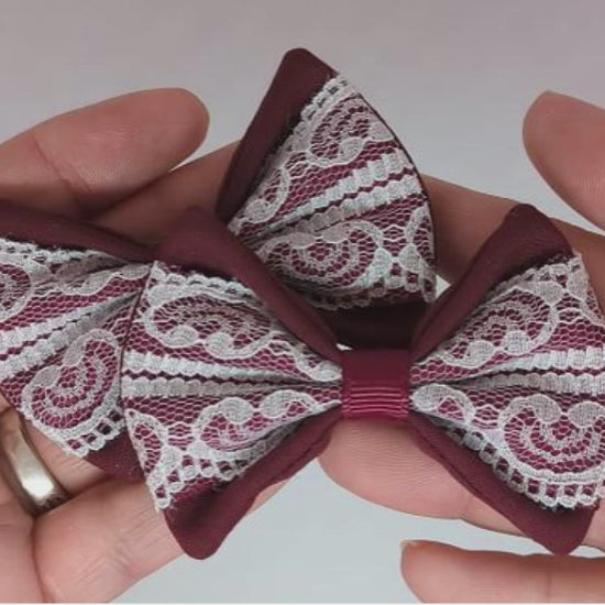 Burgundy and White Lace Hair Bows on Alligator Clips – One-of-a-Kind, Ready for Fast Postage