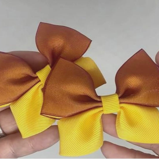 Golden Yellow and Burgundy Organza Hair Bows on Alligator Clips – Grosgrain & Organza Ribbon, One-of-a-Kind