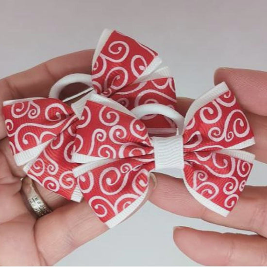 Red and White Novelty Design Hair Bows on Soft Polyester Bobbles | Unique One-of-a-Kind Designs