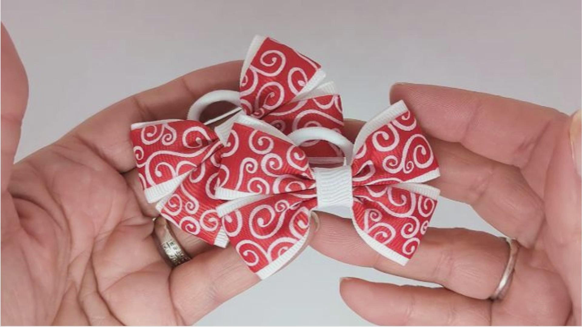 Red and White Novelty Design Hair Bows on Soft Polyester Bobbles | Unique One-of-a-Kind Designs