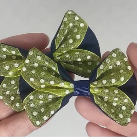 Navy Blue and Yellow Polka Dot Hair Bows on Alligator Clips | Unique Pair