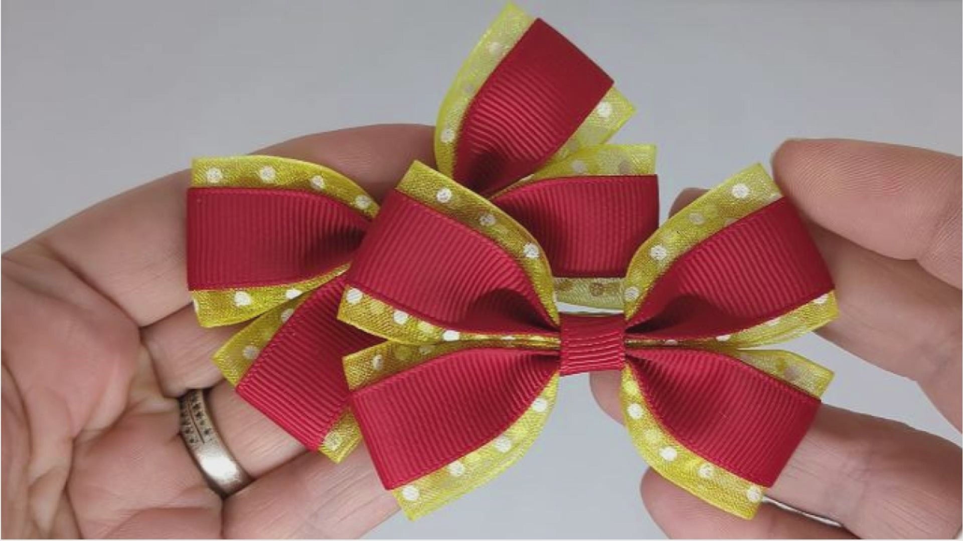 Red and Yellow Polka Dot Hair Bows on Alligator Clips – Grosgrain & Organza Ribbon, One-of-a-Kind