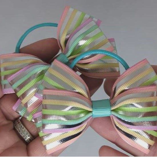 Pastel and Silver Striped Hair Bows on Thin Bobbles - Unique Accessories for Girls