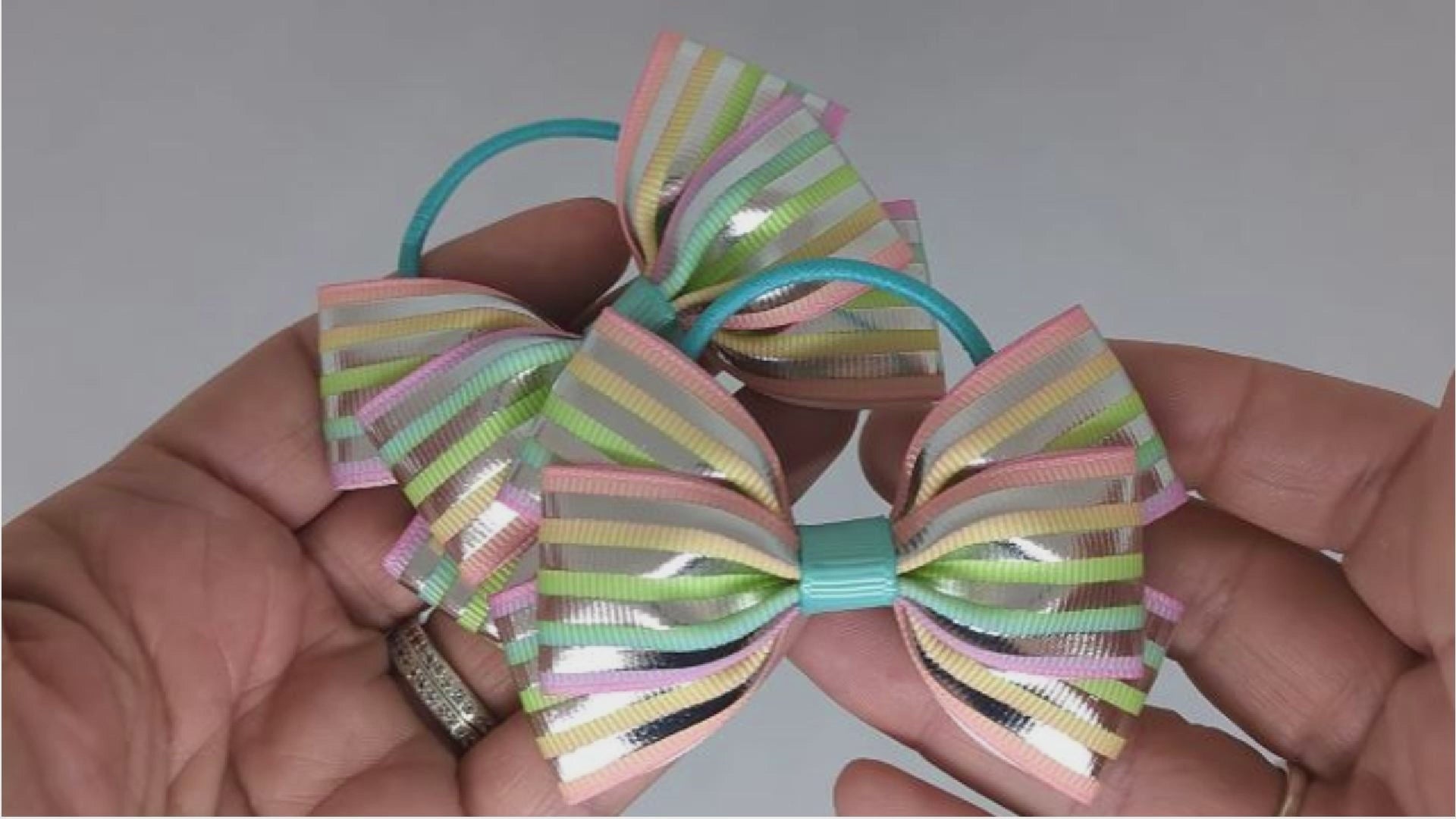 Pastel and Silver Striped Hair Bows on Thin Bobbles - Unique Accessories for Girls