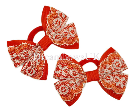 2x Red and white lace hair bows on polyester bobbles - DreambowsUK