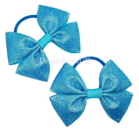 2x Turquoise glitter hair bows on thick bobbles - DreambowsUK