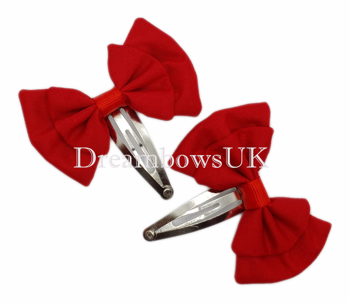 Girls red fabric hair bows for school on snap clips