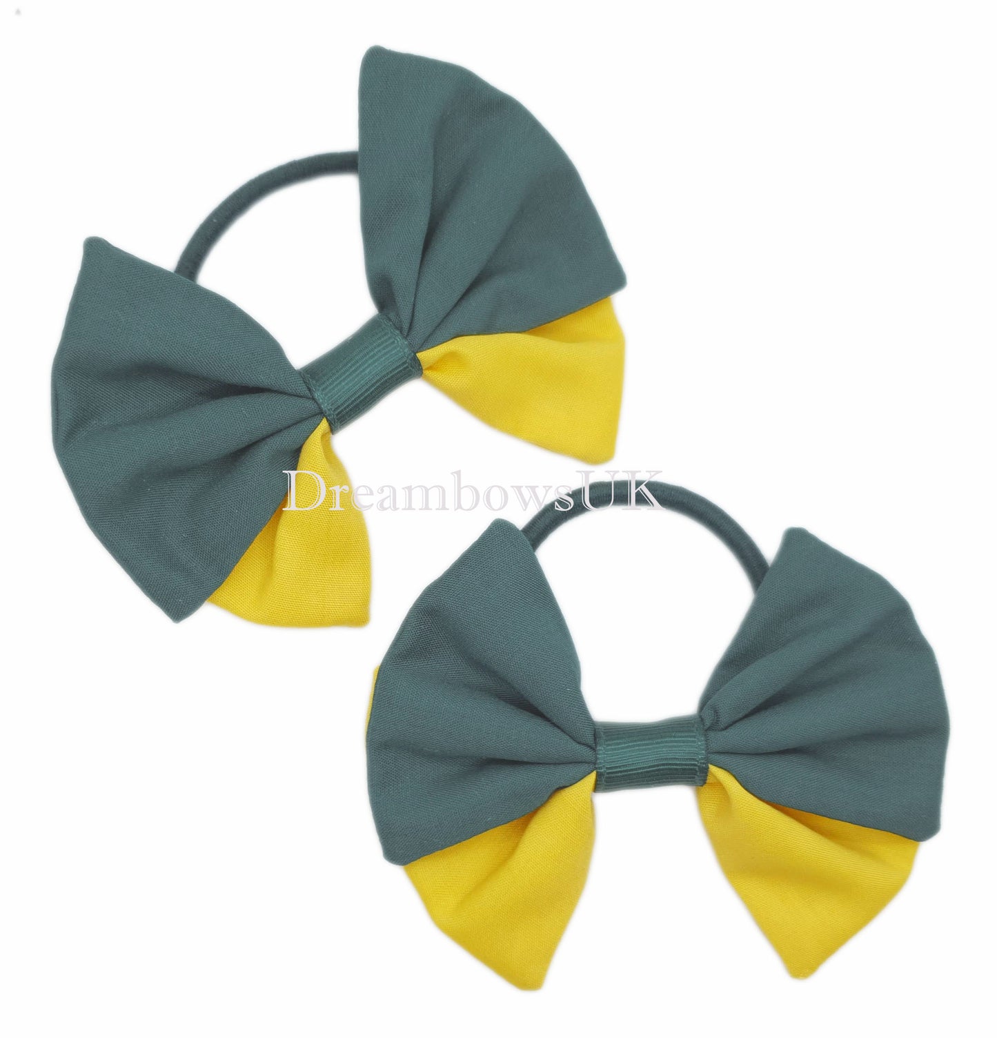 2x Grey and golden yellow fabric hair bows