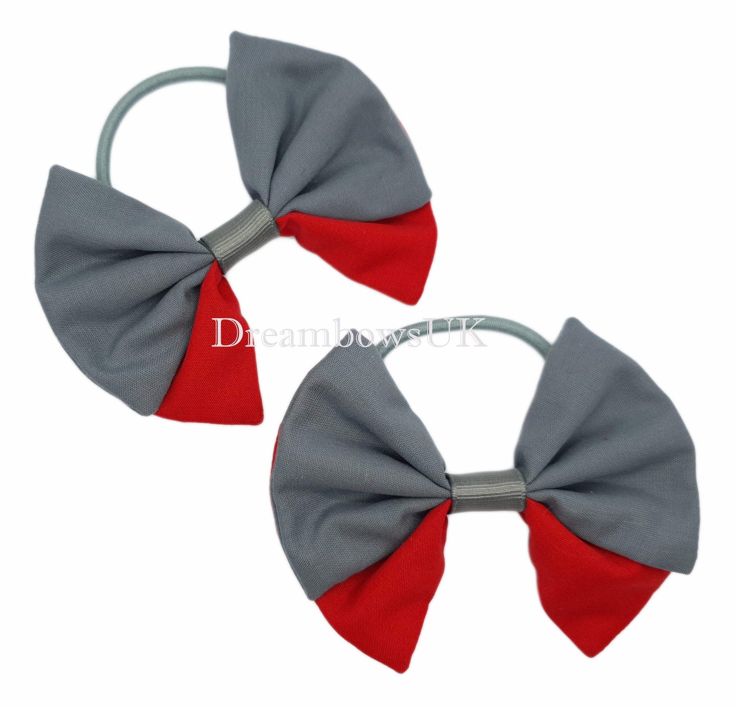 2x Grey and red fabric hair bows