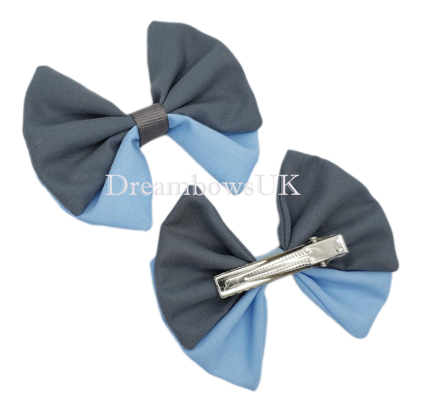 2x Grey and baby blue fabric hair bows