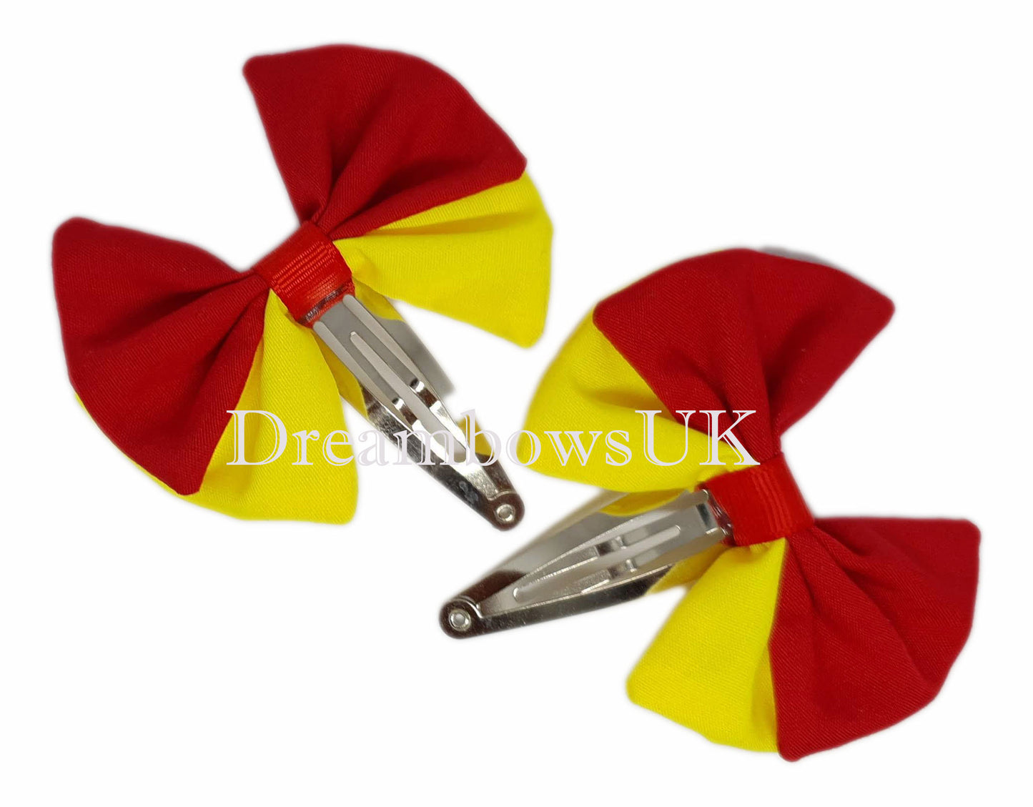 2x Red and yellow fabric hair bows