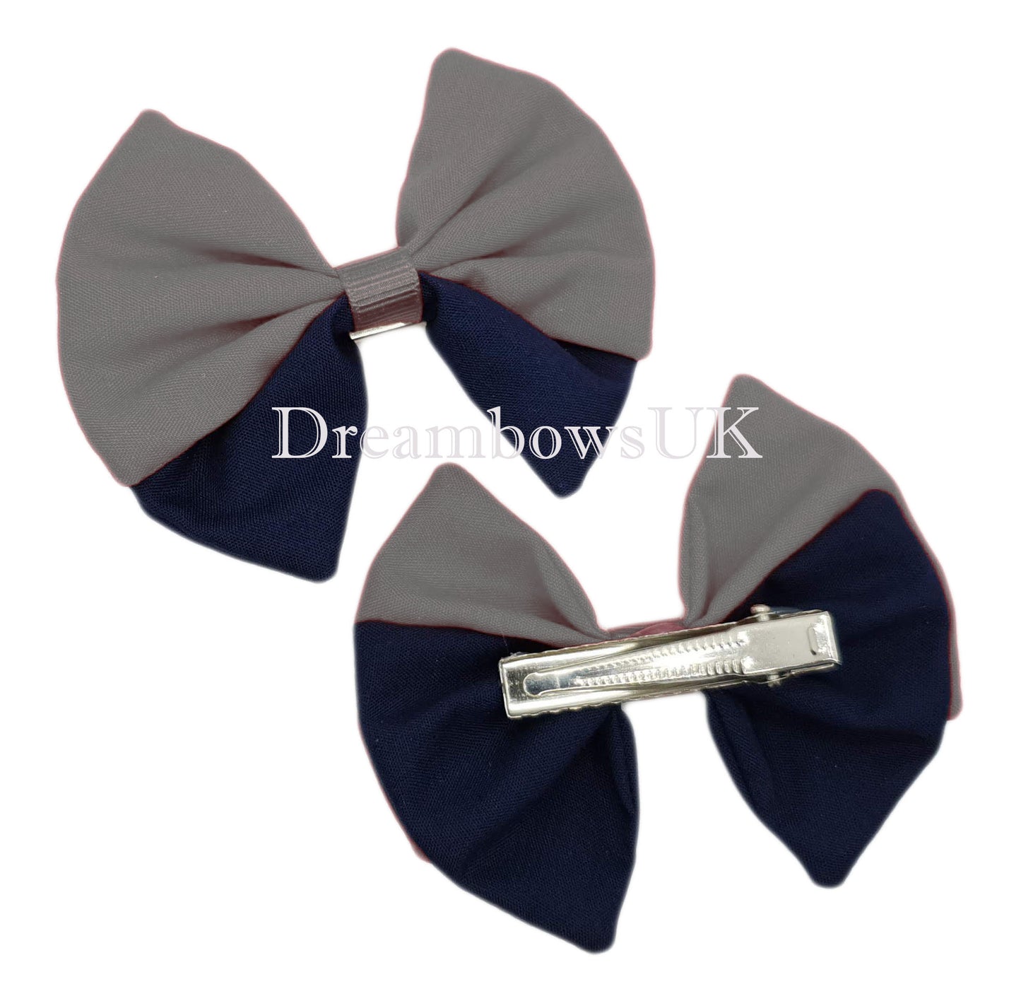 2x Navy blue and grey fabric hair bows