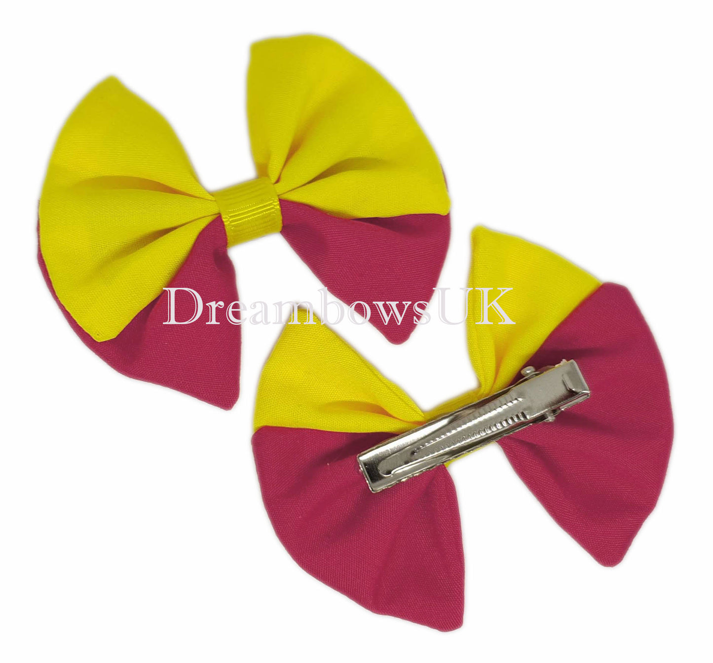 2x Cerise pink and yellow fabric hair bows