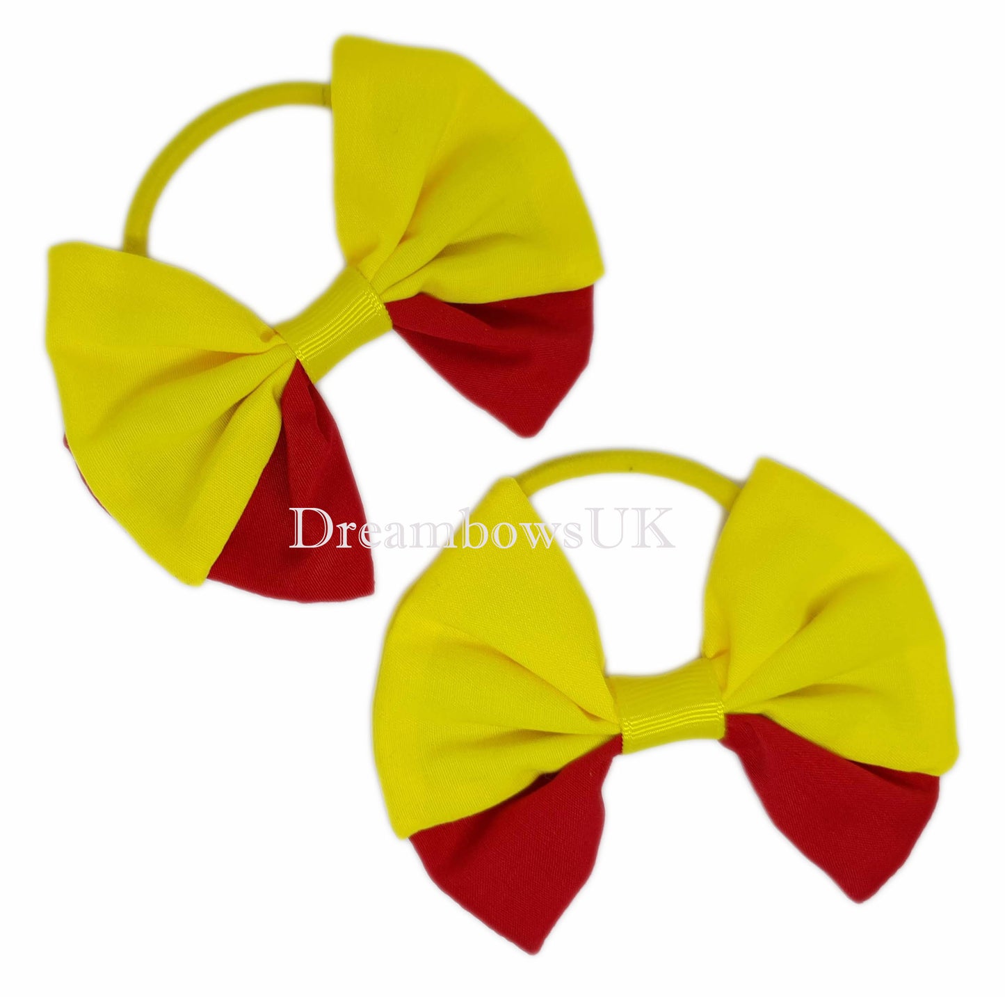 2x Red and yellow fabric hair bows
