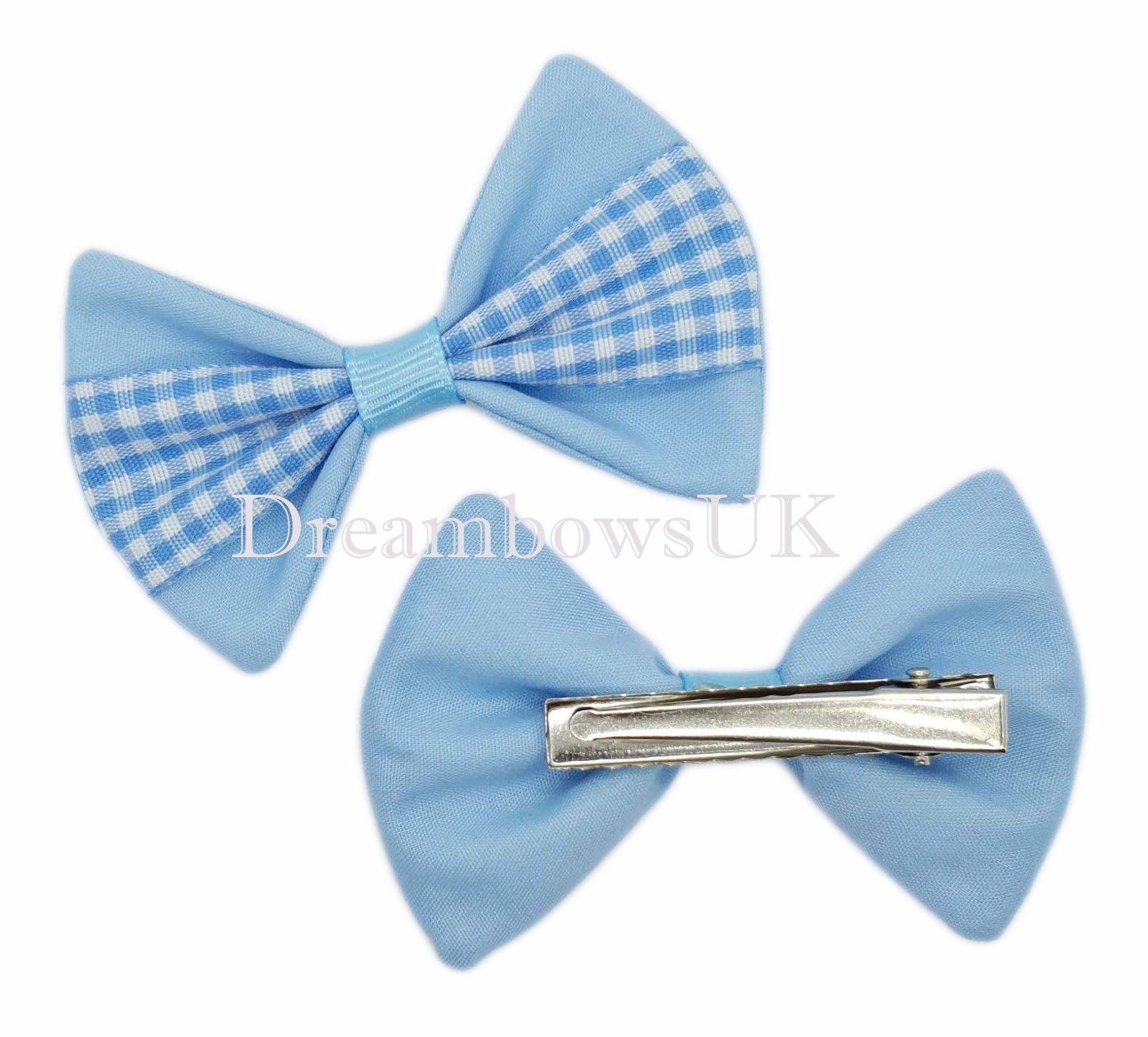 baby blue and white gingham fabric hair bows on crocodile clips
