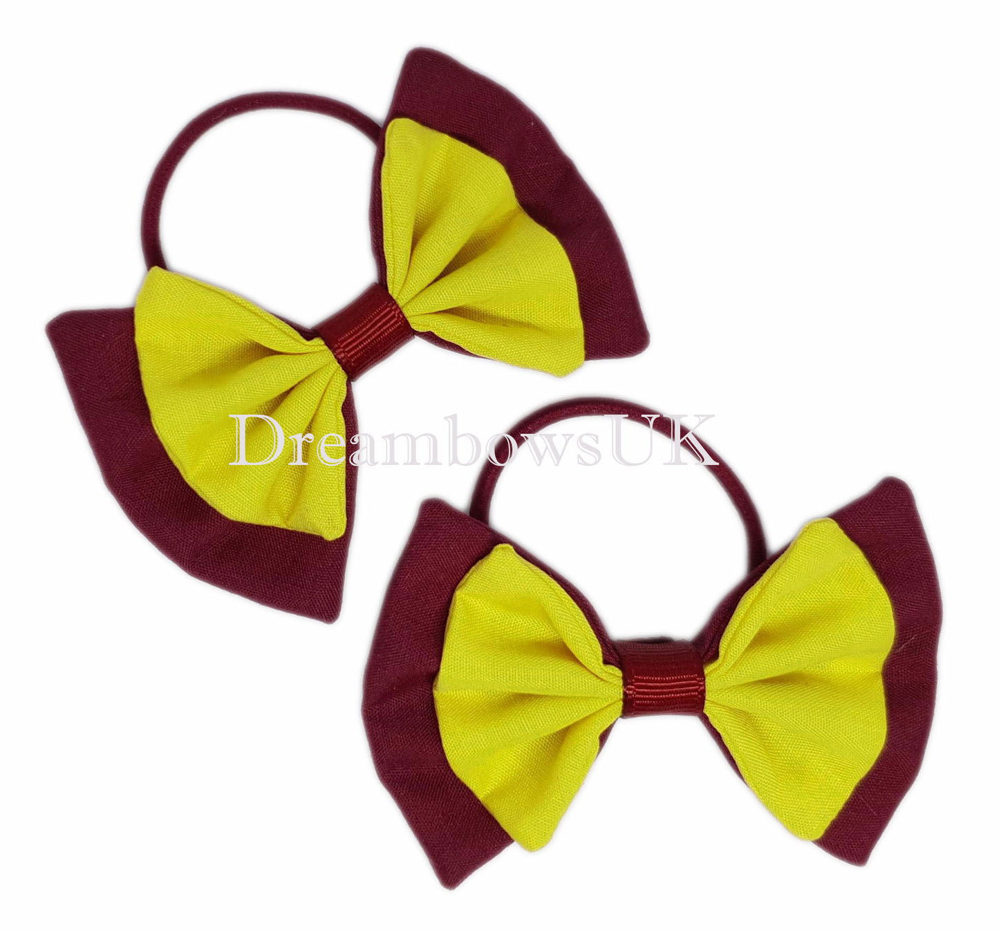 2x Burgundy and yellow fabric hair bows