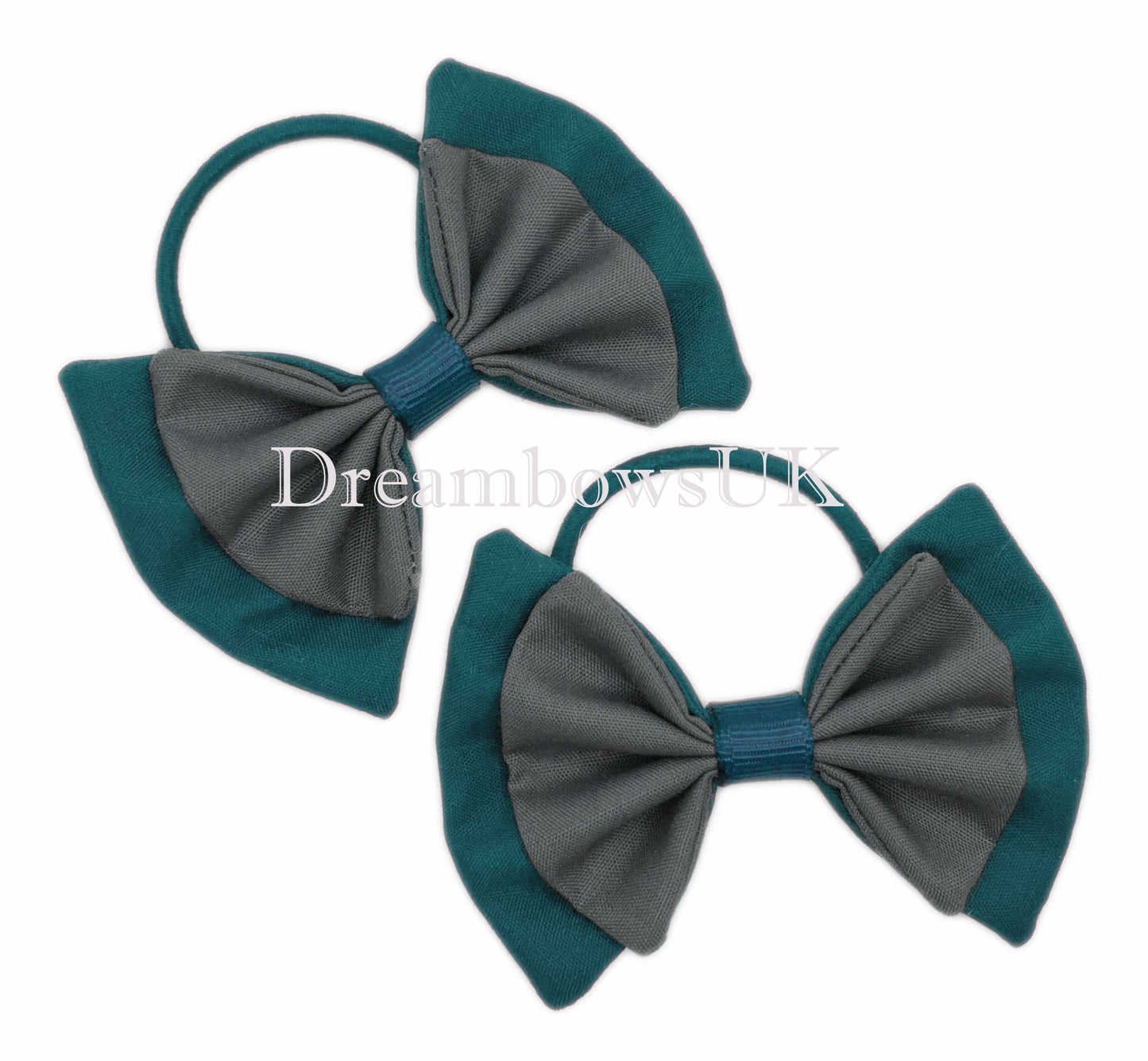 2x Bottle green and grey fabric hair bows