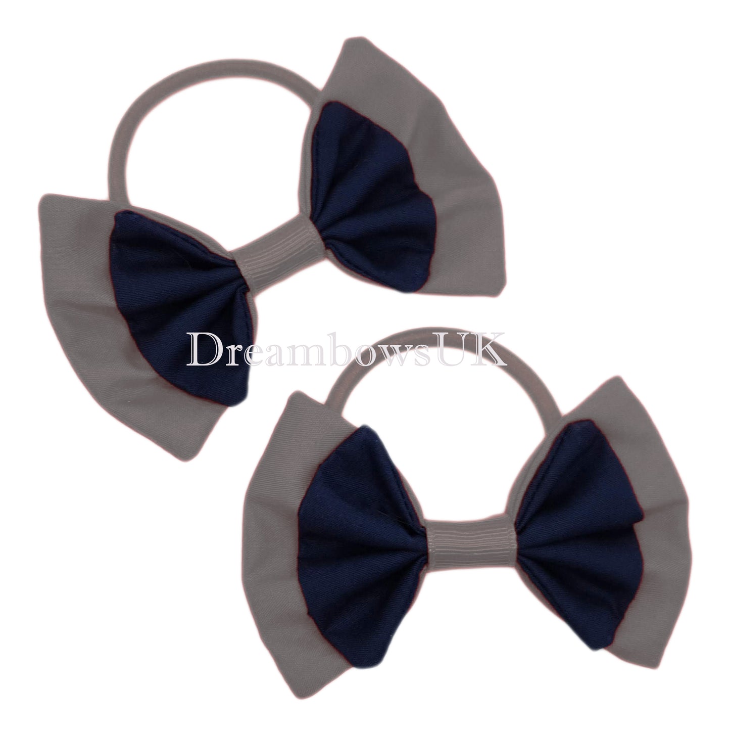 2x Navy blue and grey fabric hair bows