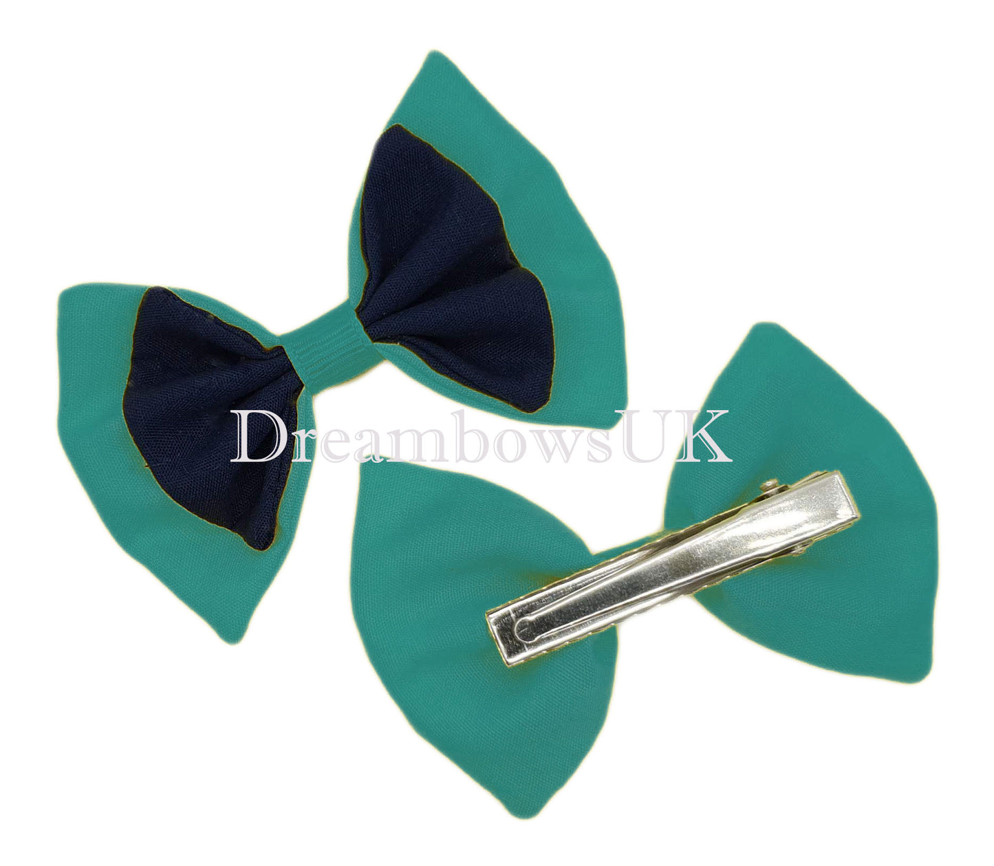 2x Navy blue and jade green fabric hair bows