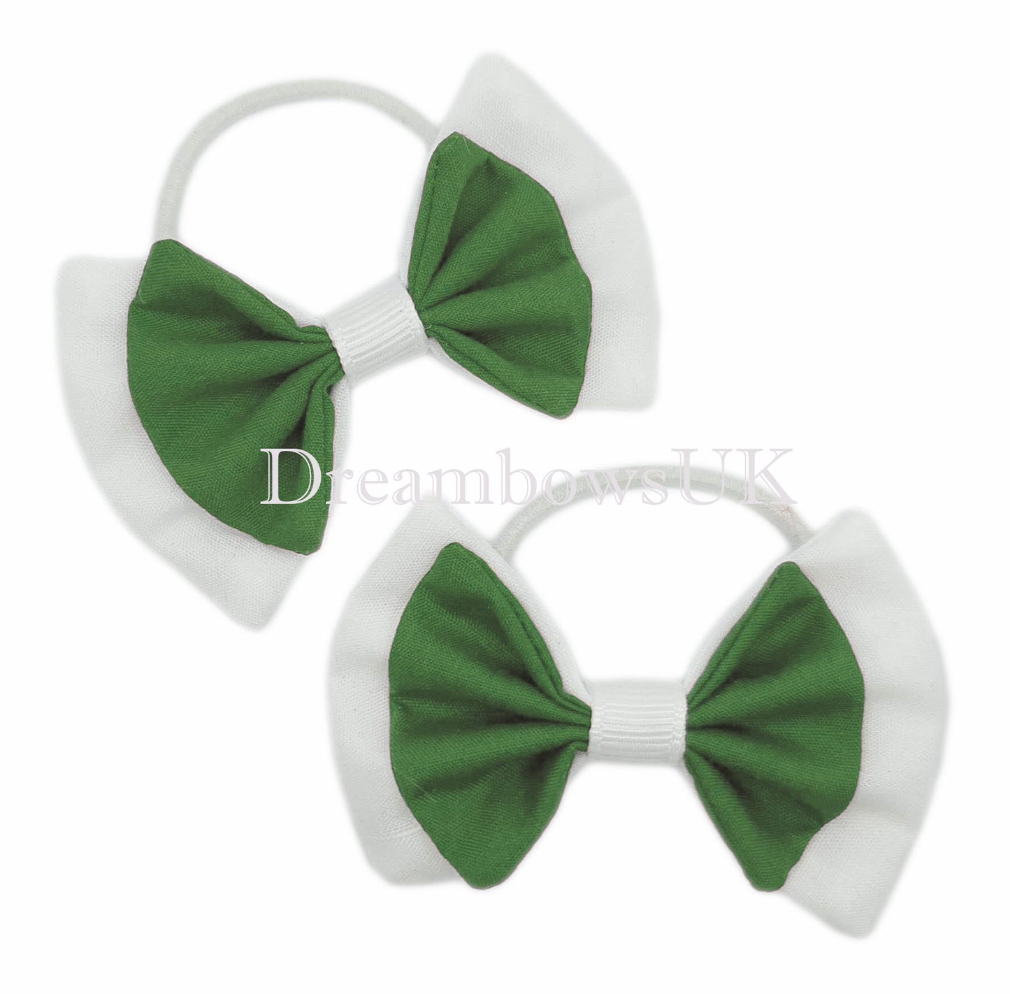2x Emerald green and white fabric hair bows