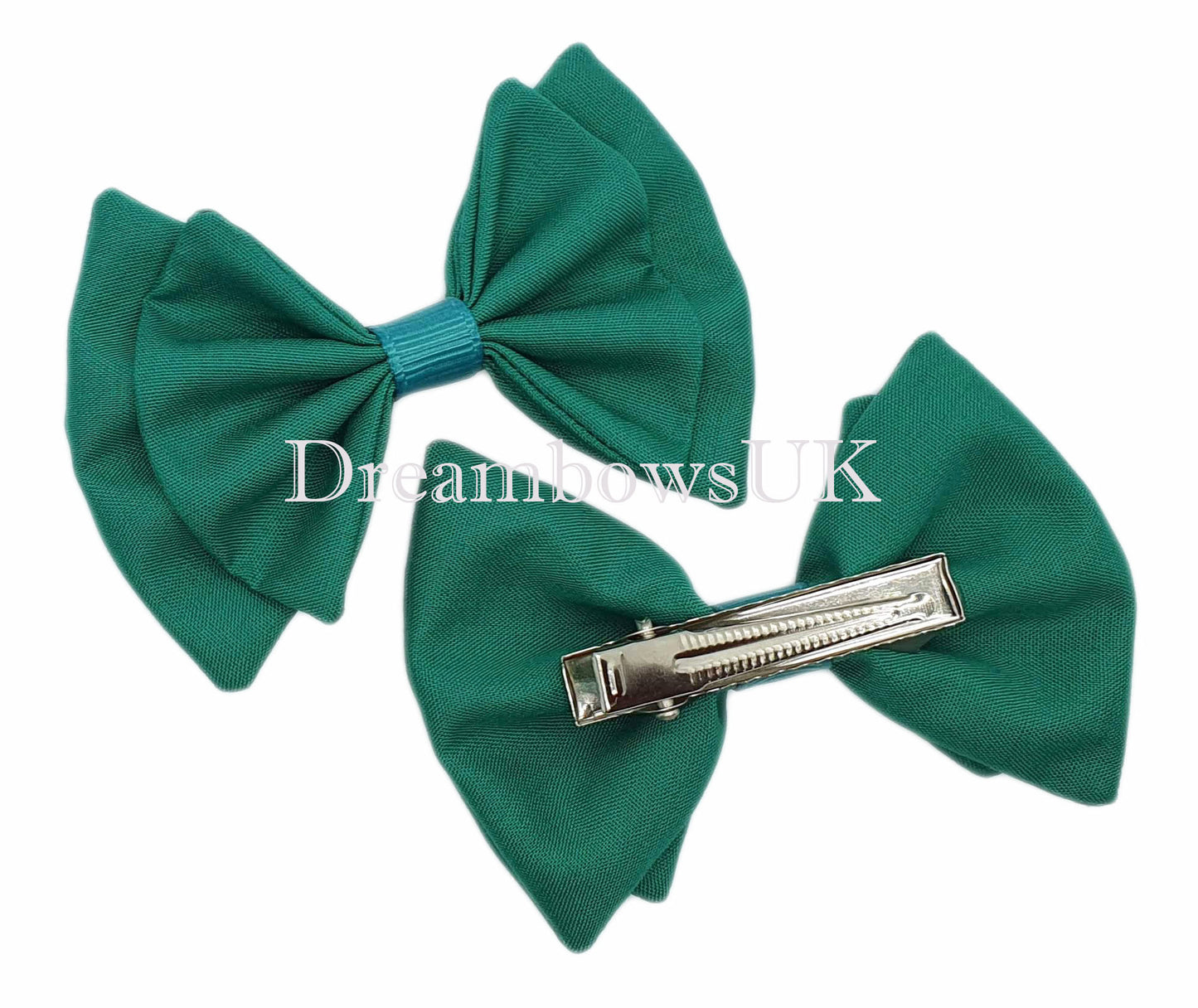 2x Jade green fabric hair bows - DreambowsUK