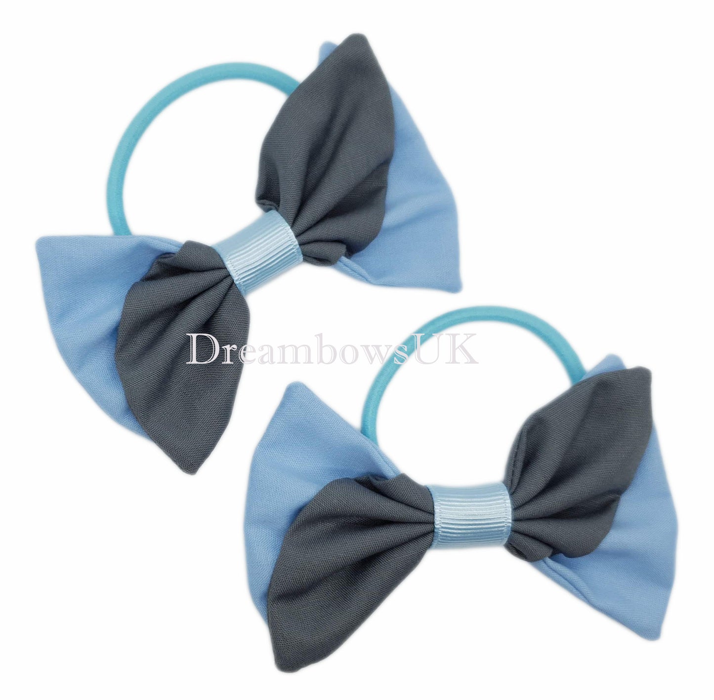 2x Grey and baby blue fabric hair bows