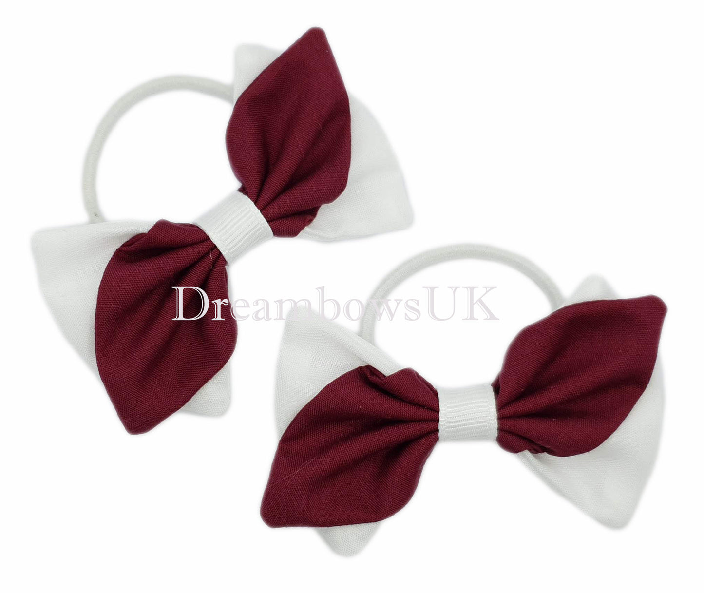 2x Burgundy and white fabric hair bows