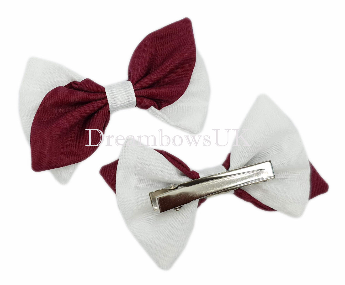 2x Burgundy and white fabric hair bows