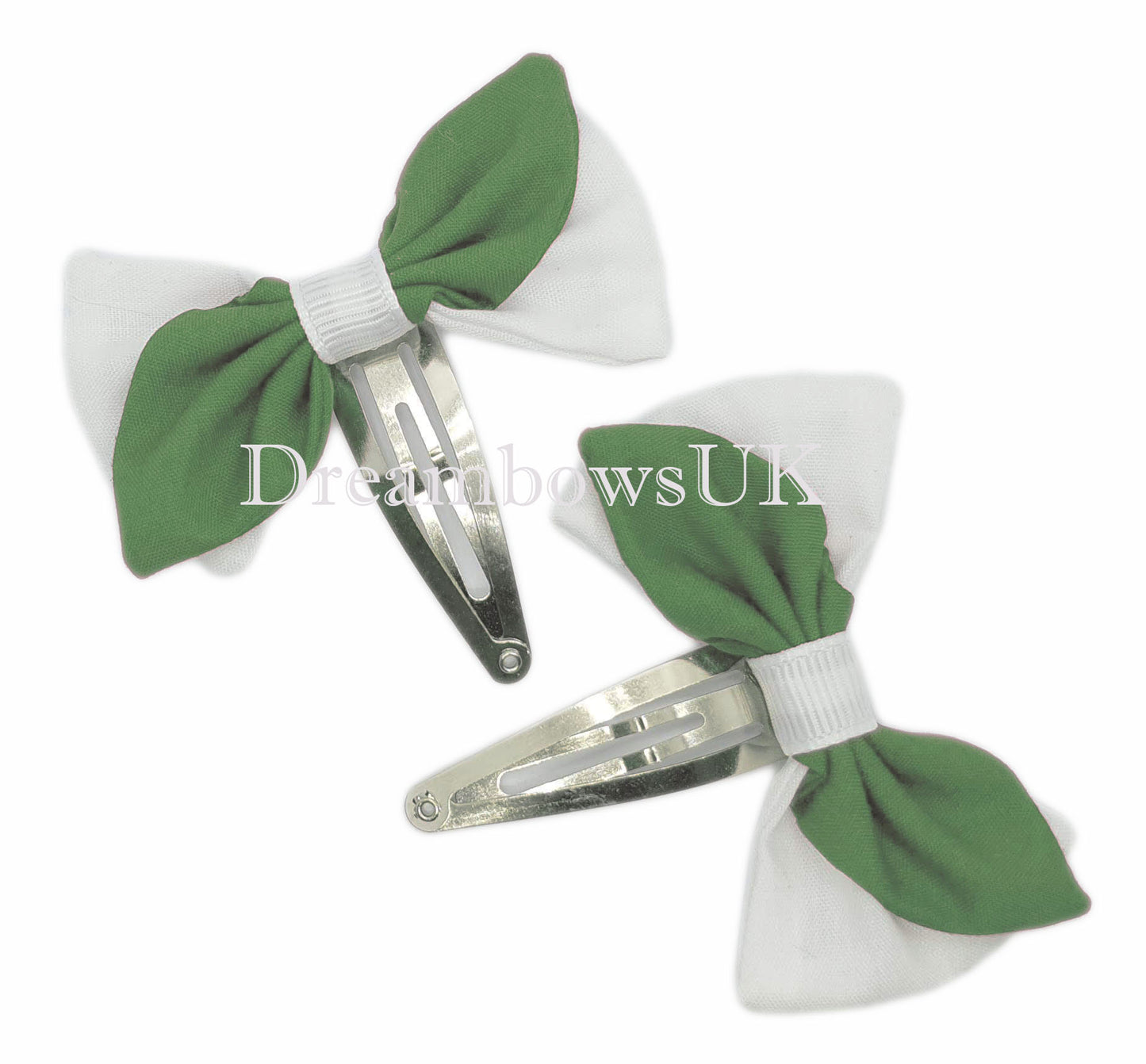 2x Emerald green and white fabric hair bows
