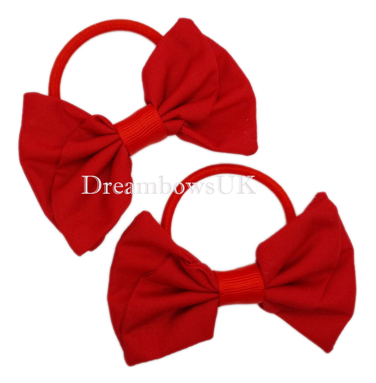 Red fabric hair bows on thick hair ties