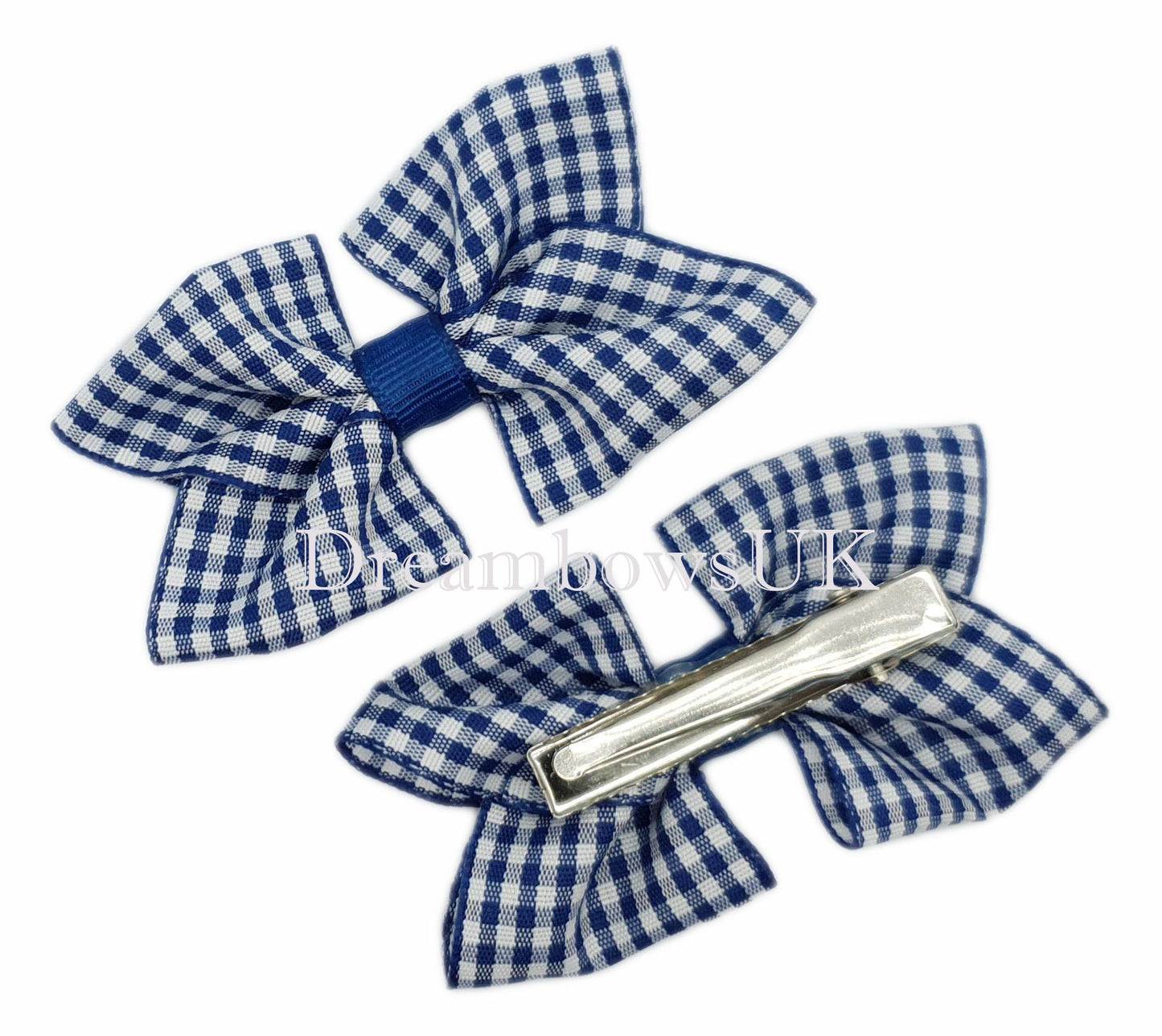 Navy blue gingham ribbon hair bows on crocodile clips