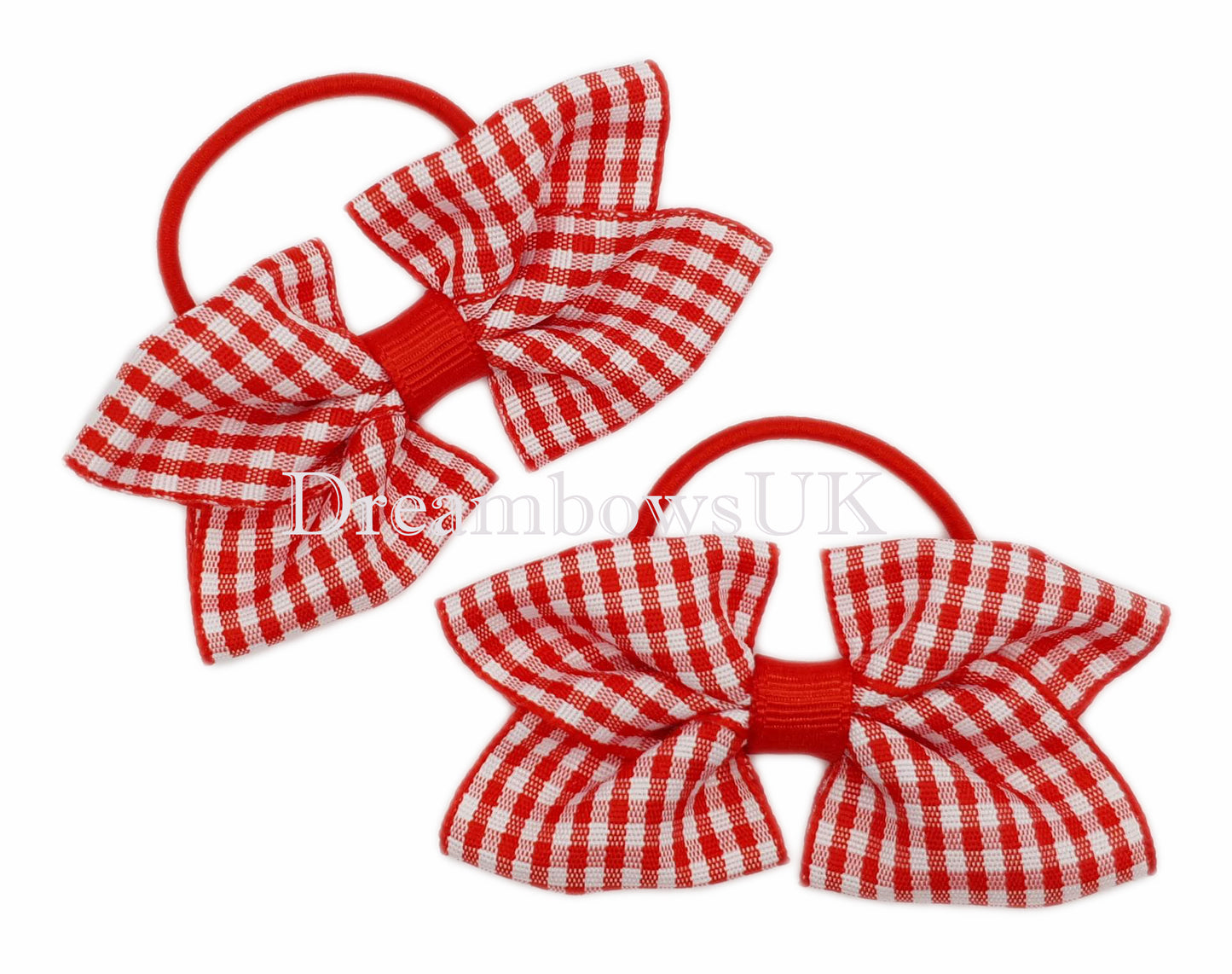 2x Red gingham hair bows on thin hair ties