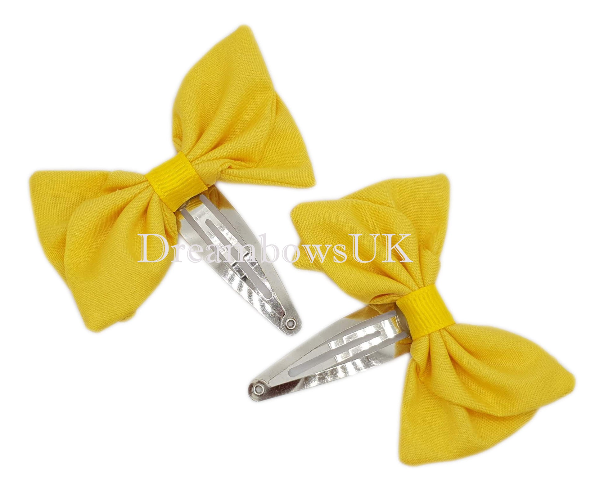 Golden yellow fabric hair bows on snap clips